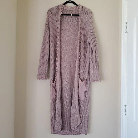 Free People Woodstock Duster Cardi Longline Cardigan Sz L Mauve Cotton Boho - Picture 9 of 10